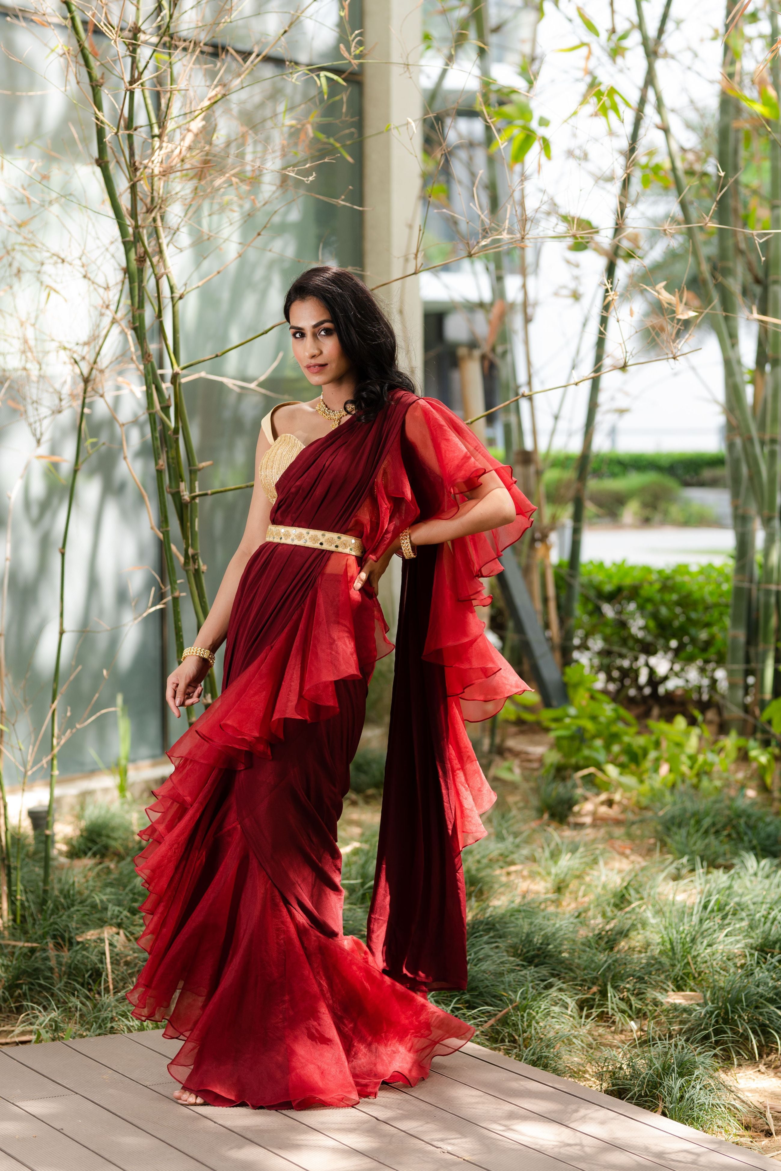 Indigo Ruffle Saree with Incut Blouse Set – PritikaVora