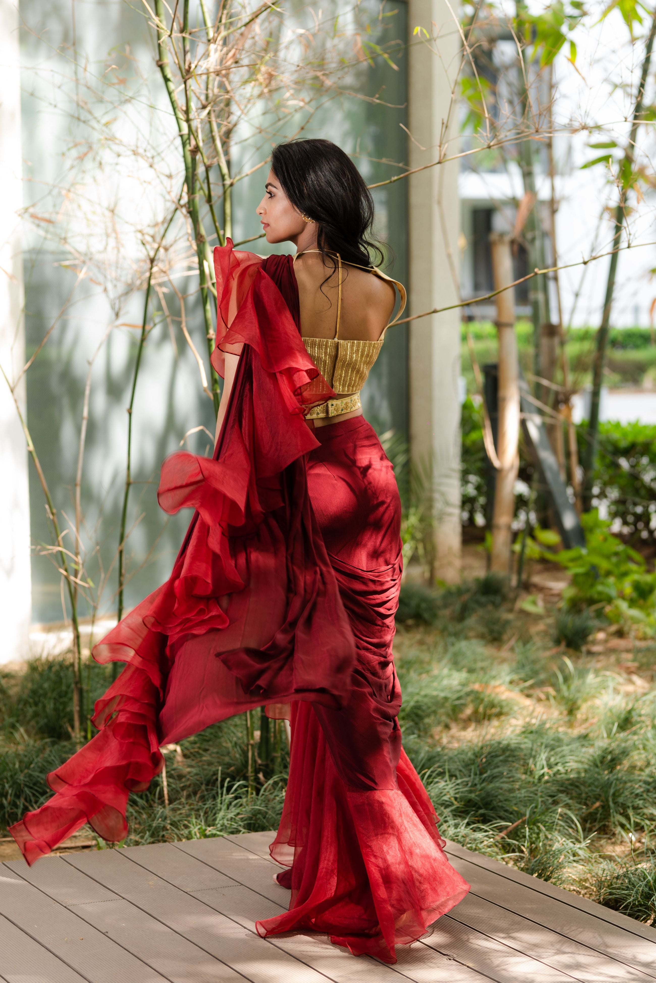 Maroon Natural Crepe Pre-Draped Ruffled Saree Set Design by Mishru at  Pernia's Pop Up Shop 2024