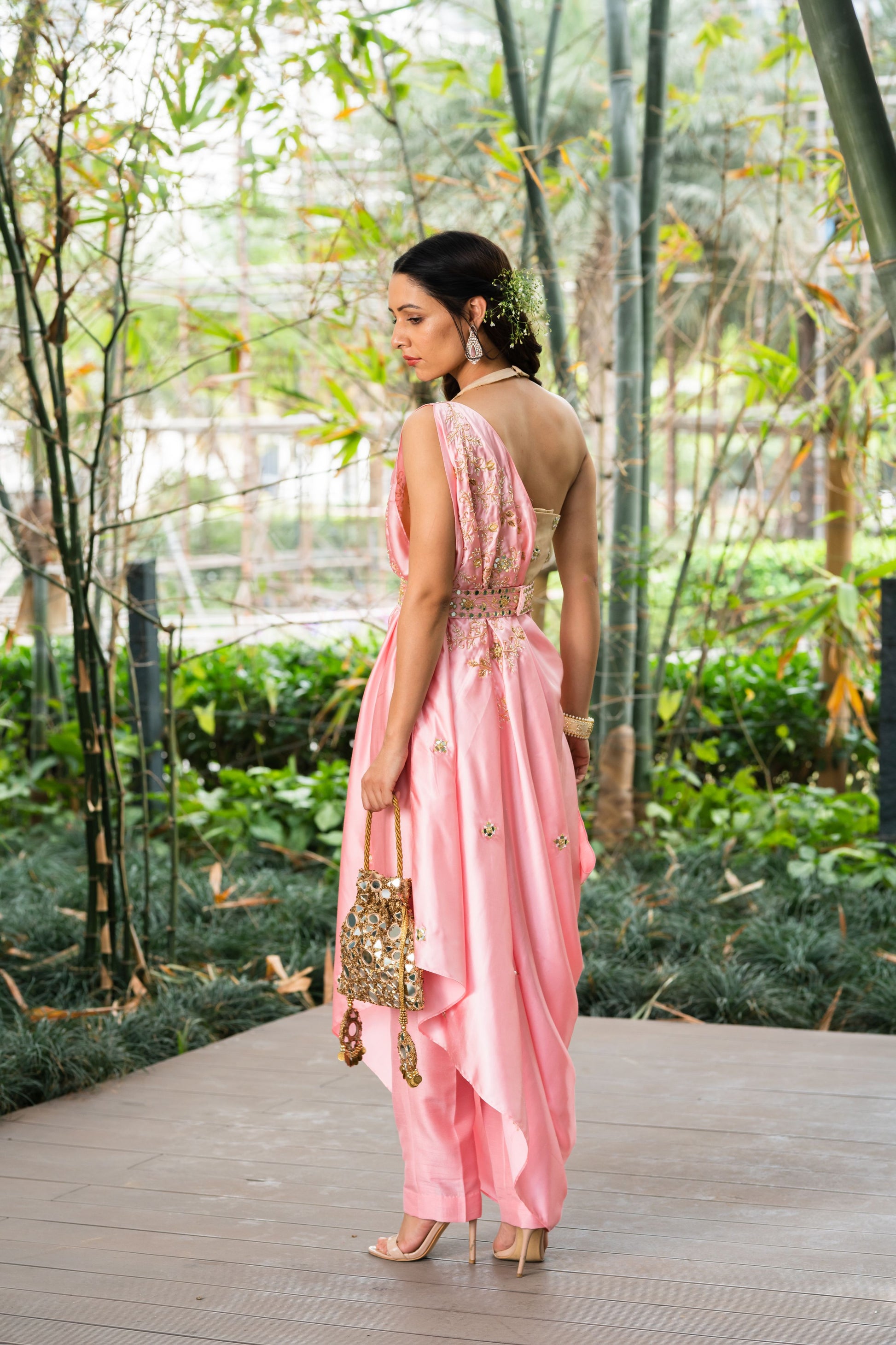 Pink Yellow Green Drape Pant Saree in Silk- Indo-Western Wear – Dharang