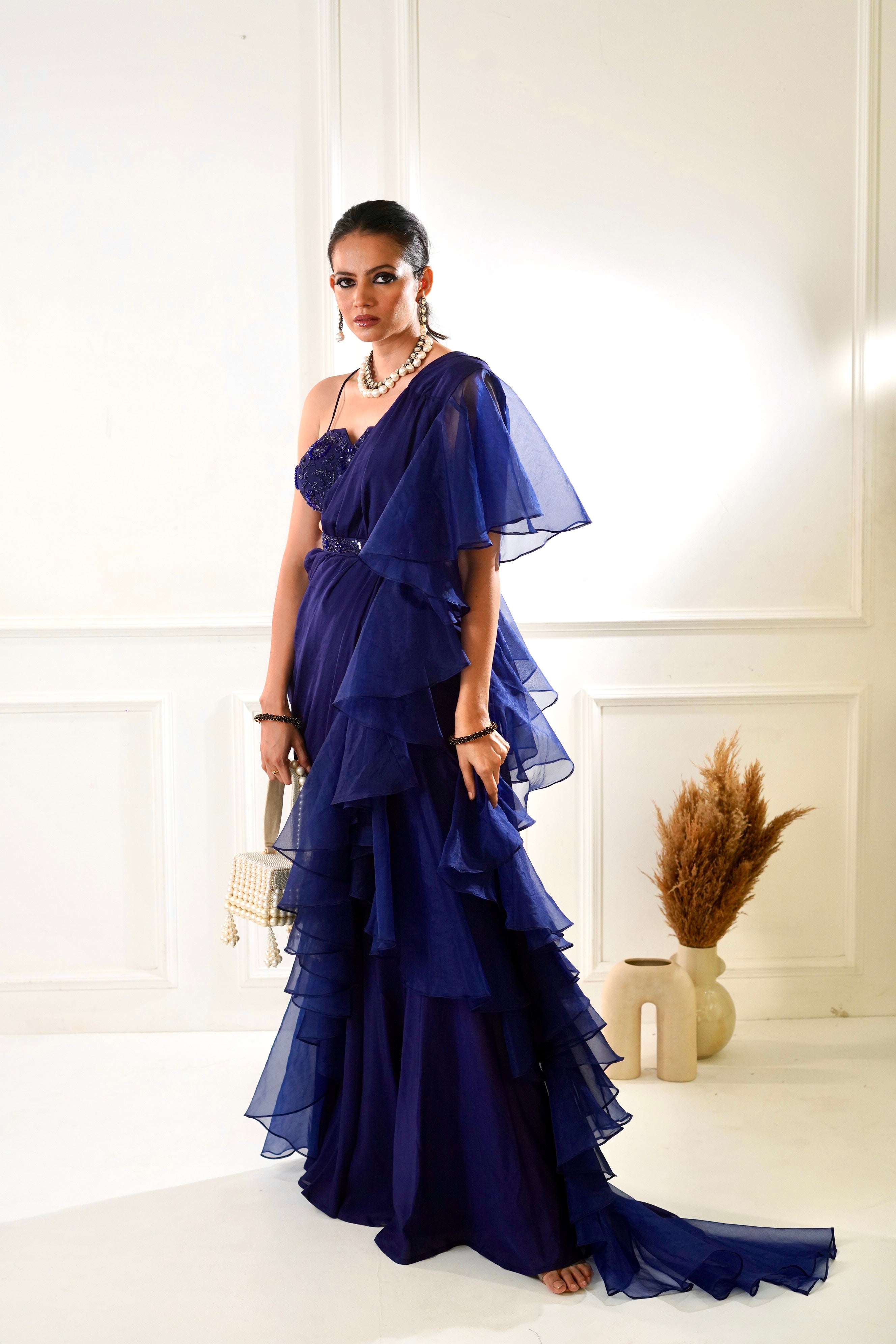 Mustard Ruffle Saree with Blue Strap Blouse - Priti Sahni